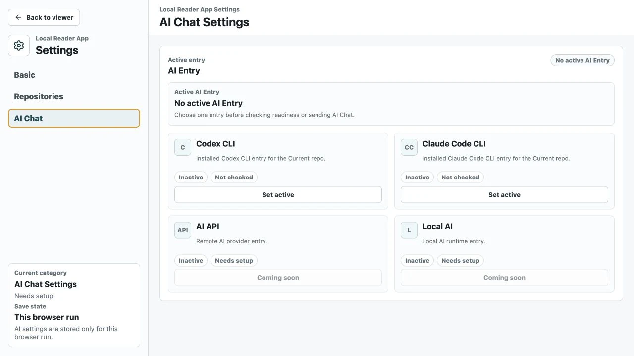 Local Reader AppのAI Chat SettingsにCodex CLI、Claude Code CLI、AI API、Local AIの4カードが並び、後者2つにComing soonと表示された画面