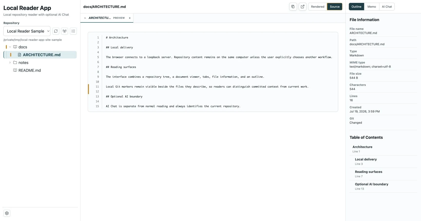 Local Reader AppのSource表示でマークダウン原文を開き、ファイルツリーのGit変更マーカーと右側のファイル情報を表示した画面