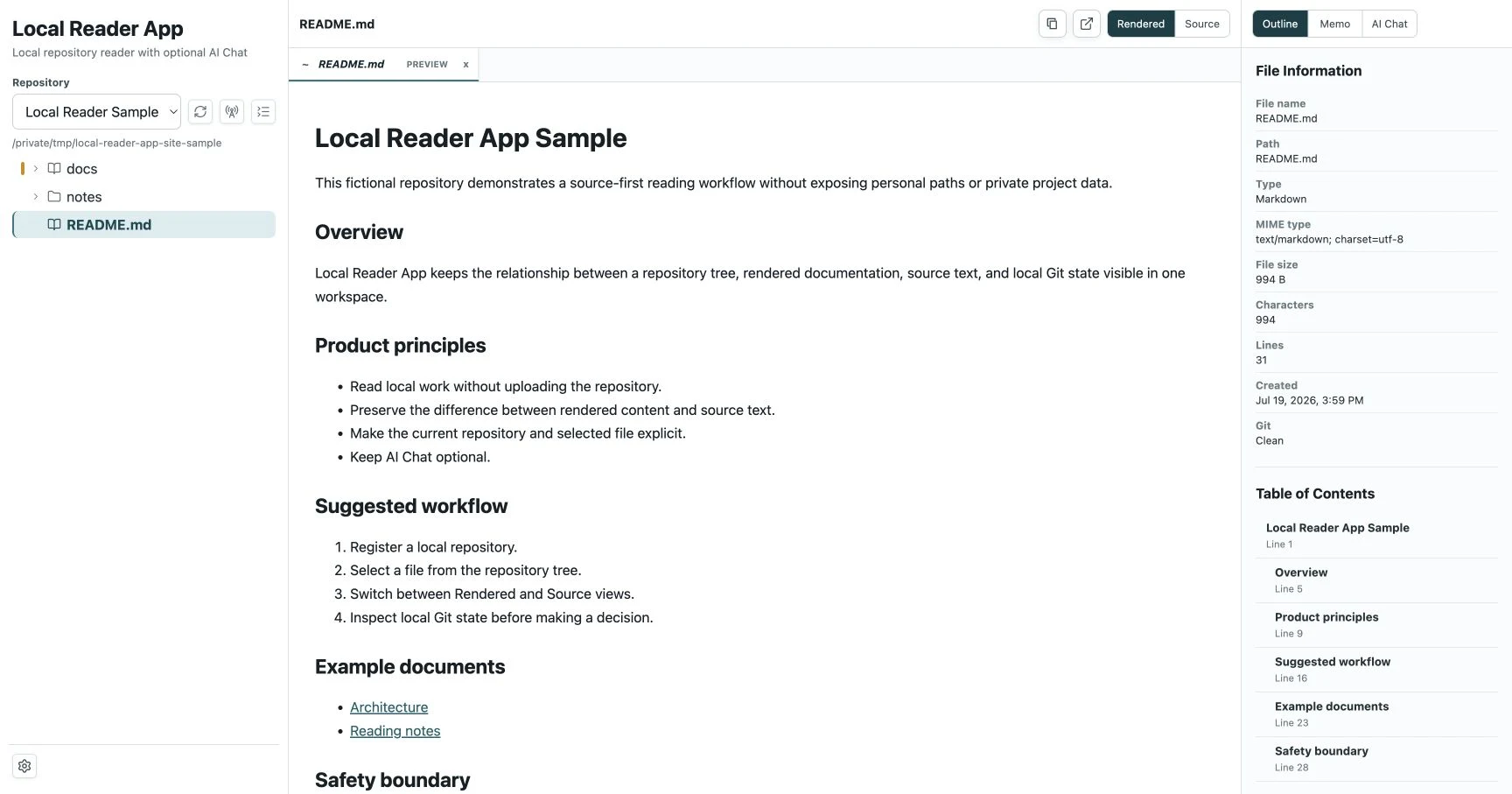 Local Reader AppでサンプルリポジトリのREADMEを表示し、左にファイルツリー、中央に本文、右にファイル情報とアウトラインを並べた画面